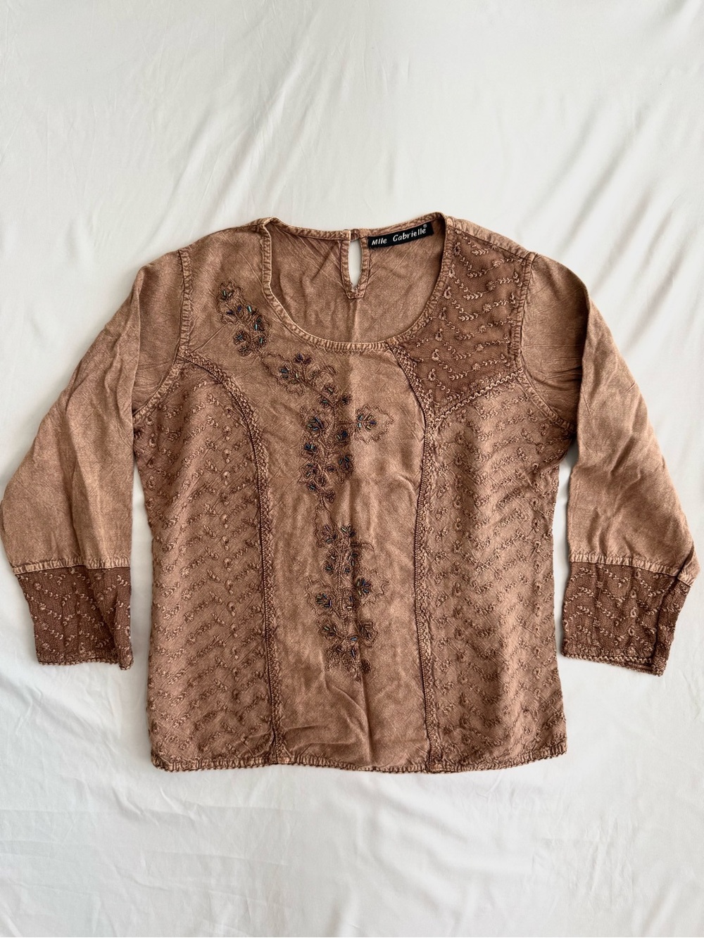 Mlle Gabrielle Brown Embroidered Blouse 3/4 Sleeve Boho Beaded Relaxed Fit XS